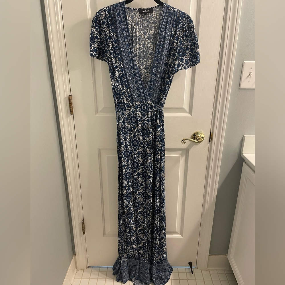 Printed Wrap Blue Floral Maxi Dress